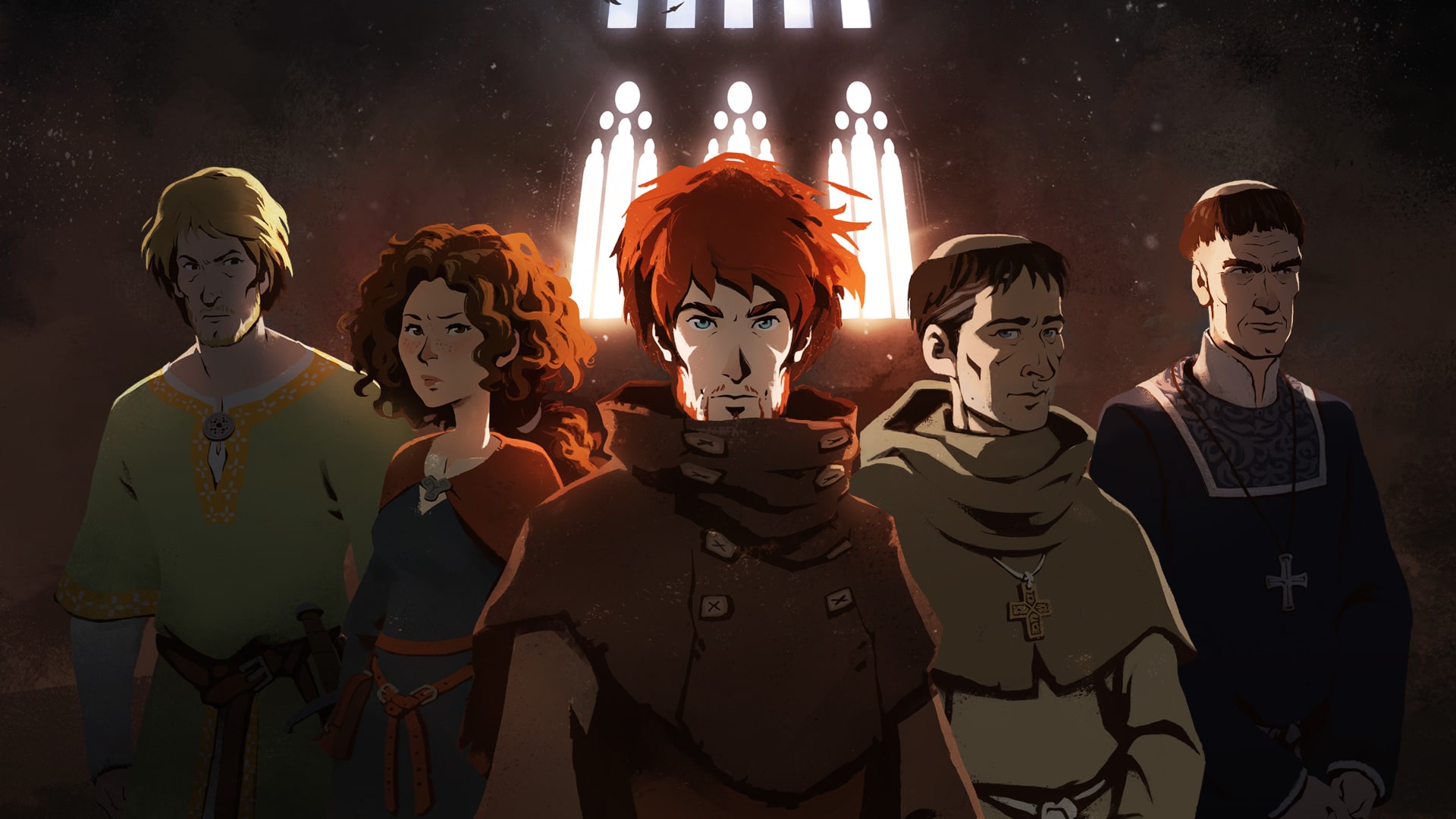 Immagine raffigurante i personaggi principali dell'adattamento di "I pilastri della terra"