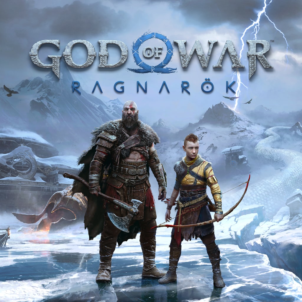 God of War: Ragnarok, big guy on left holding an axe while a boy, possibly apprentice holds a bow.