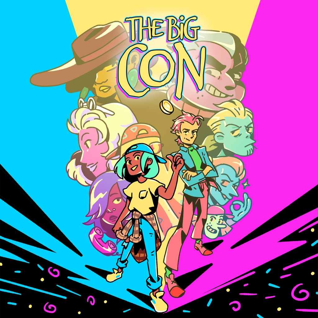 Capa do jogo The Big Con com um grupo de personagens em um cenario colorido.
