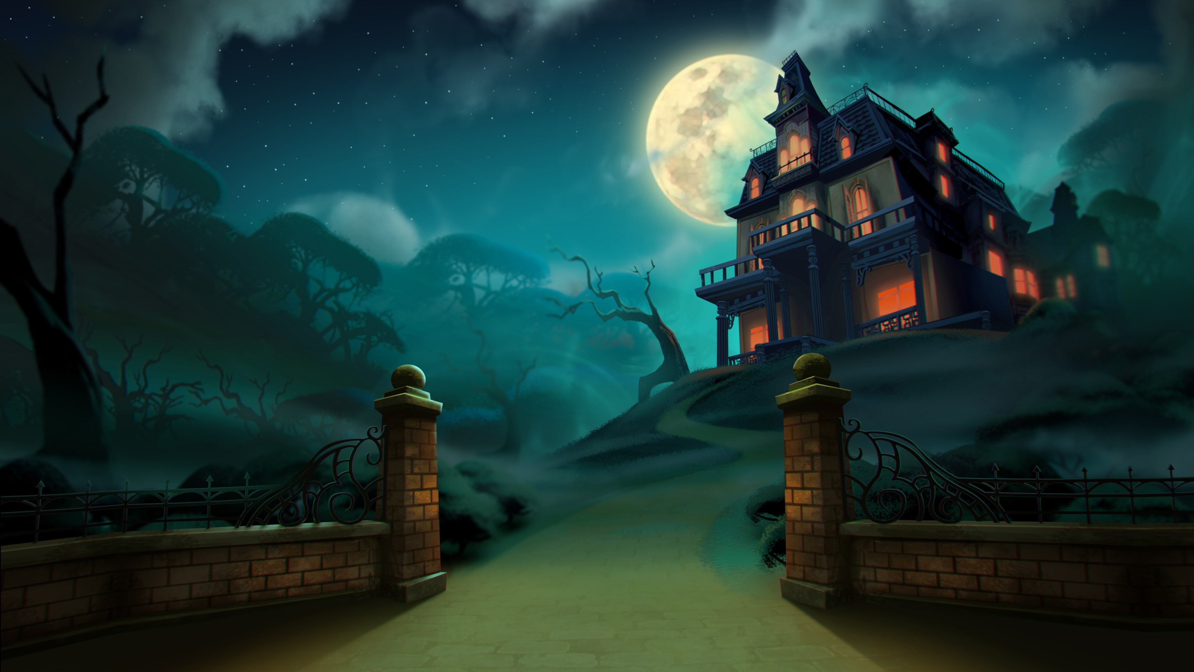  A haunted house with a full moon in the background and a dark, mysterious path leading up to it, representing the search query 'Unusual pet behavior in a haunted house'.