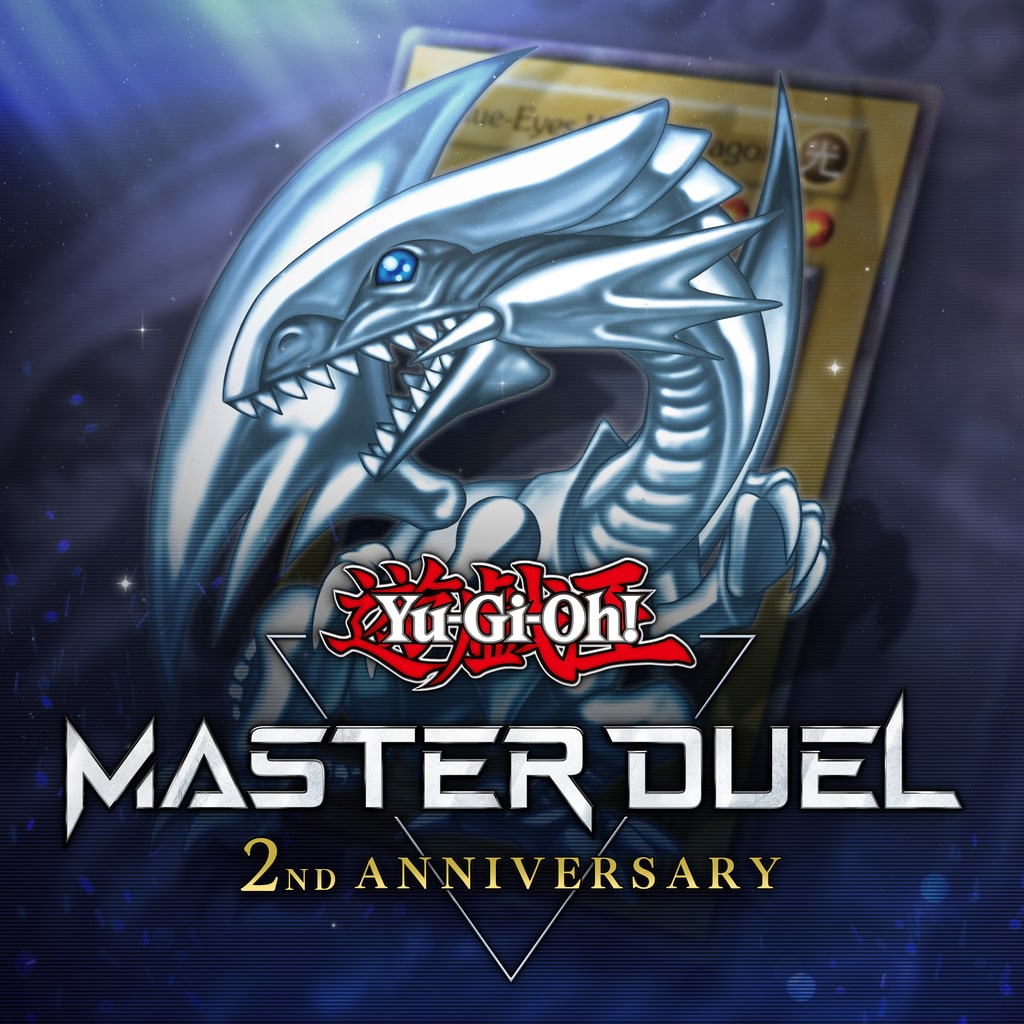 Capa do jogo Yu-Gi-Oh! Master Duel, com o dragão branco dos olhos azuis em destaque.