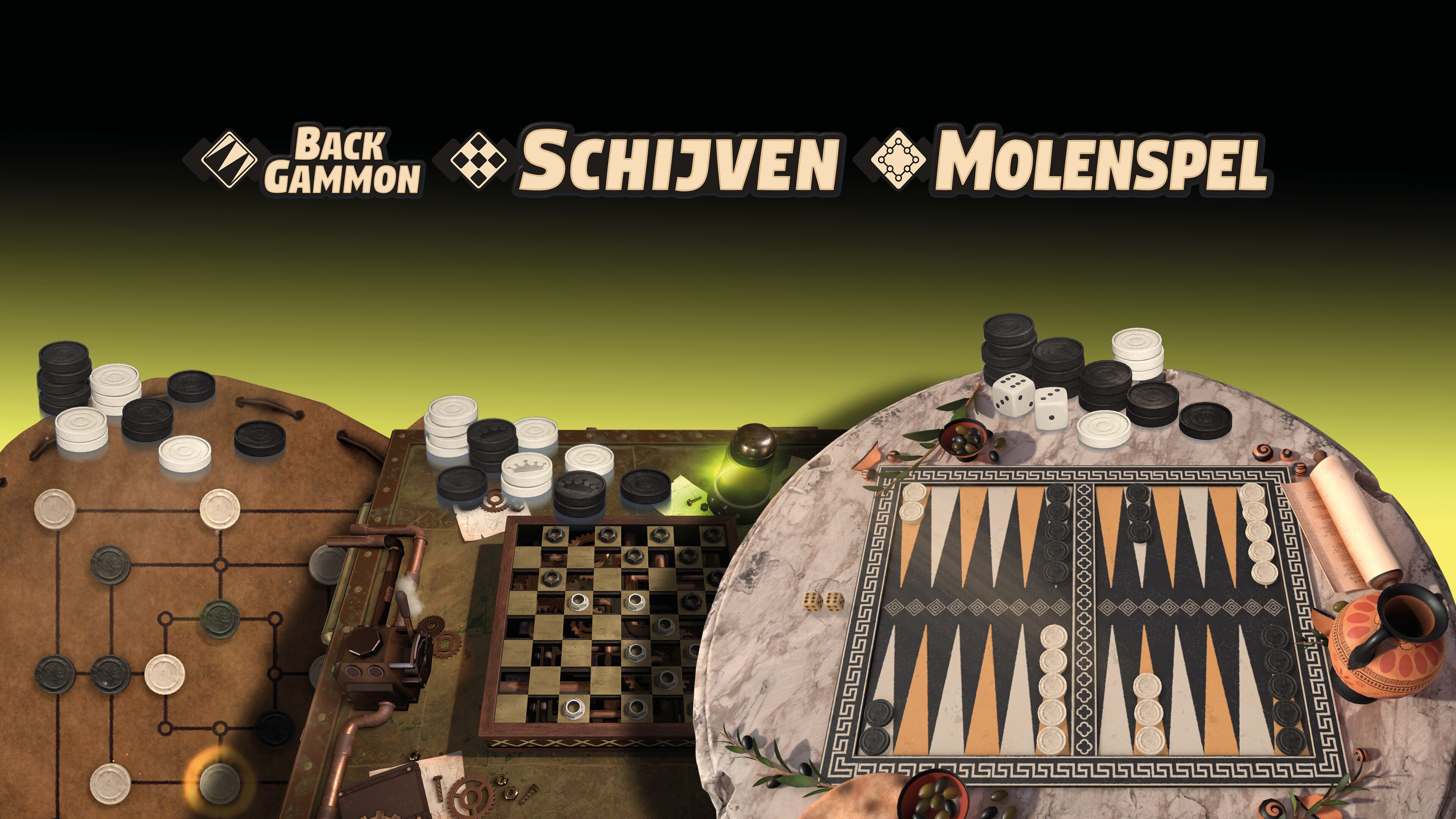 3in1 Spelcollectie: Backgammon + Dammen + Molenspel