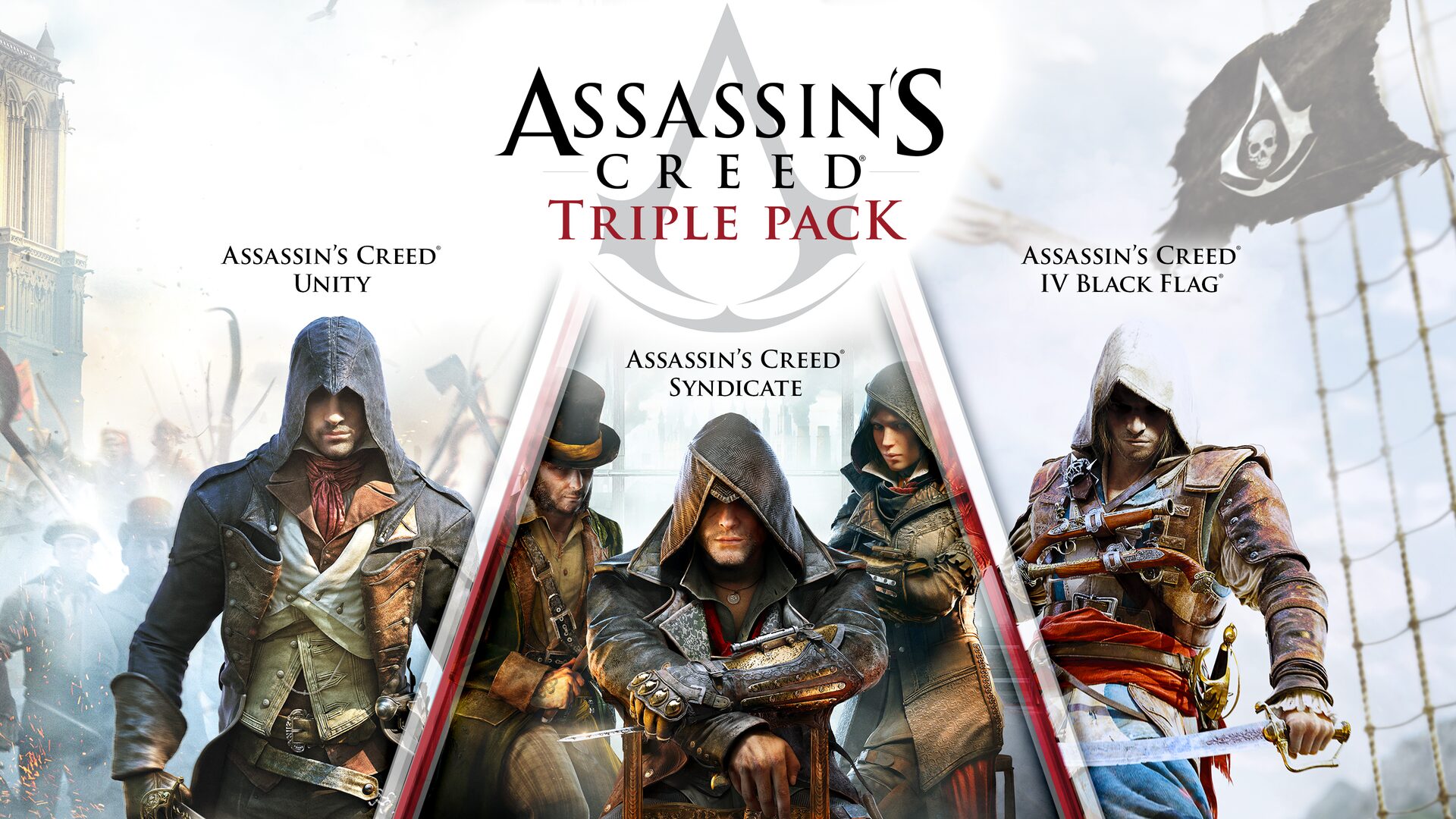 Pack triple Assassin's Creed: Black Flag, Unity, Syndicate