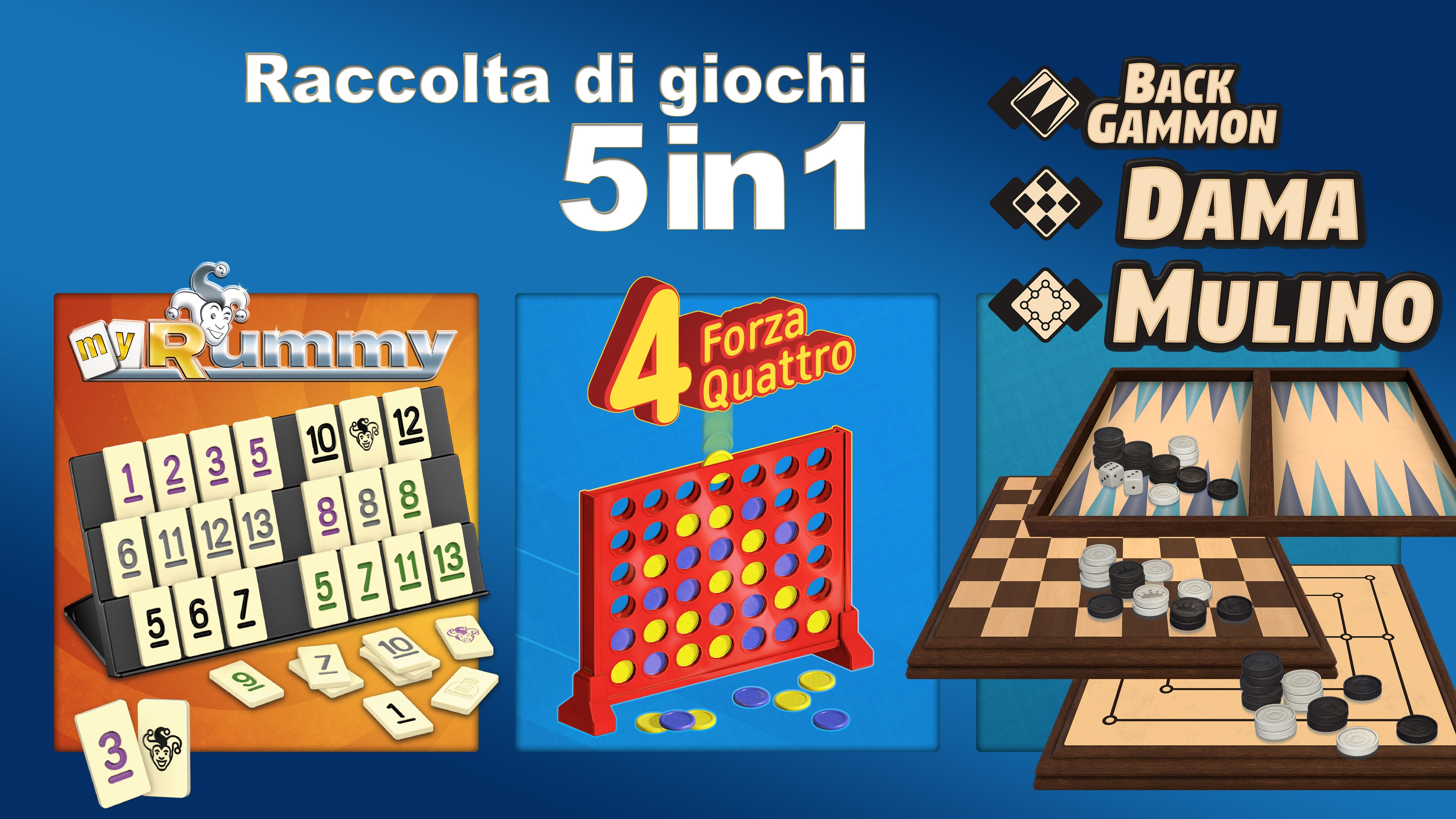 Raccolta di giochi 5 in 1: MyRummy® + Forza Quattro + Backgammon + Dama + Mulino