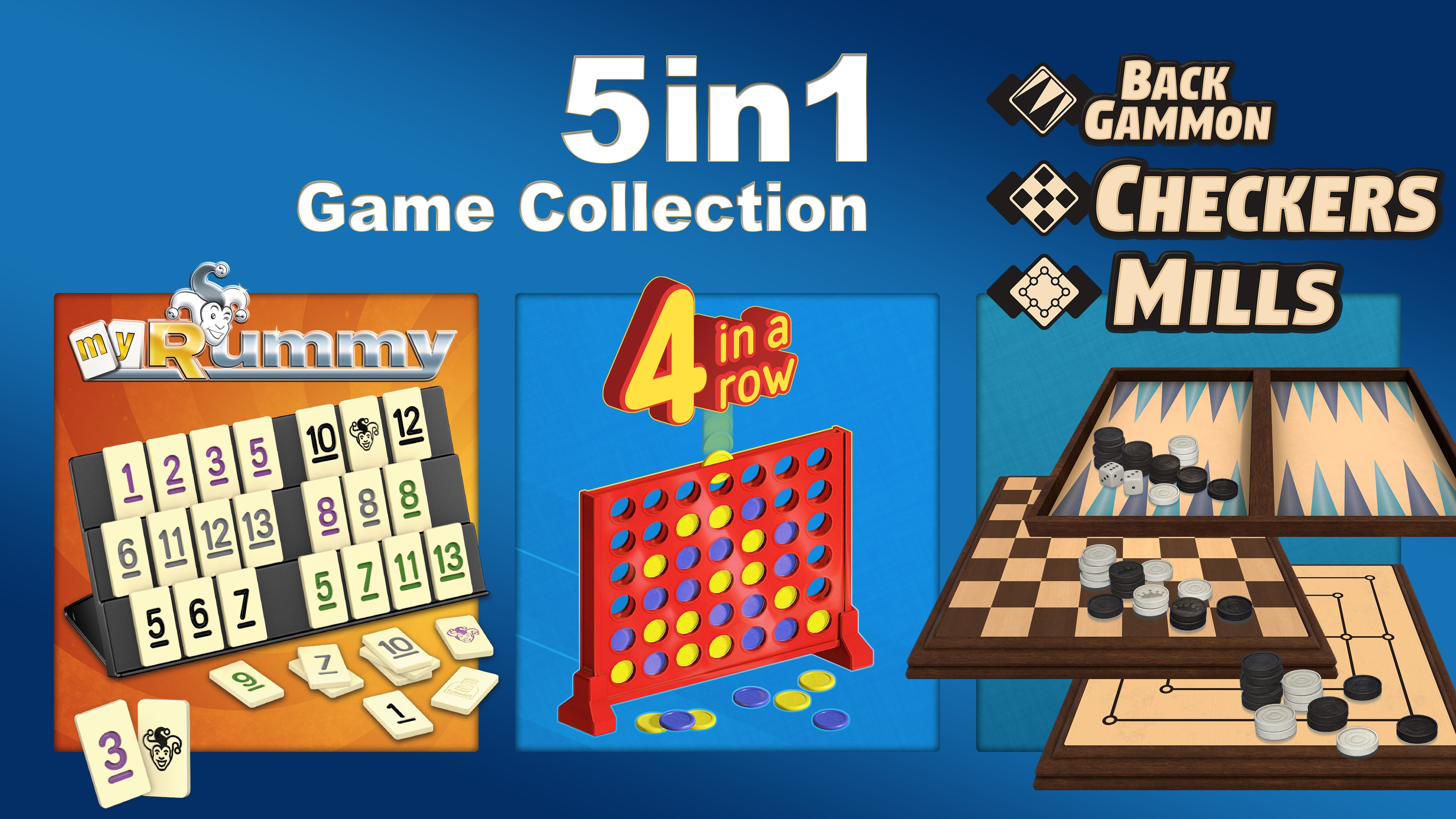 5in1 Game Collection: MyRummy® + 4 in a row + Backgammon + Checkers + Mills