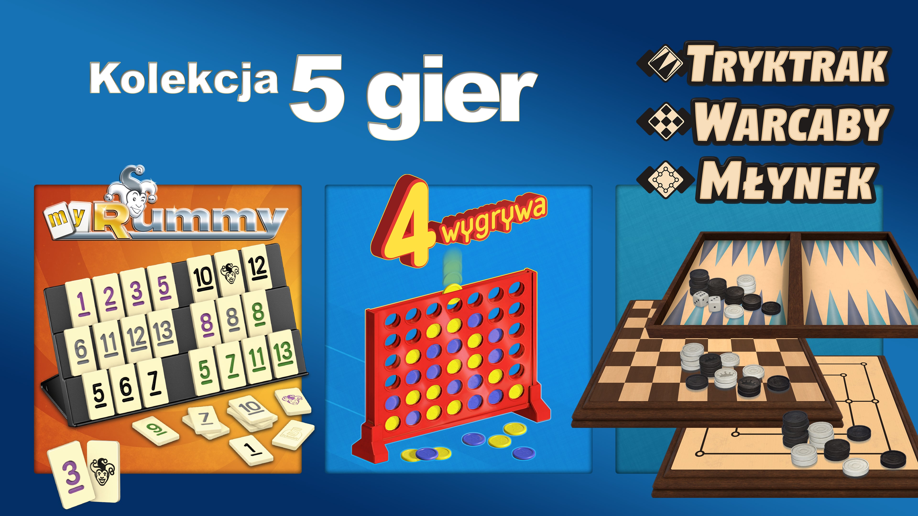 Kolekcja 5 gier: MyRummy® + 4 wygrywa + Tryktrak + Warcaby + Młynek