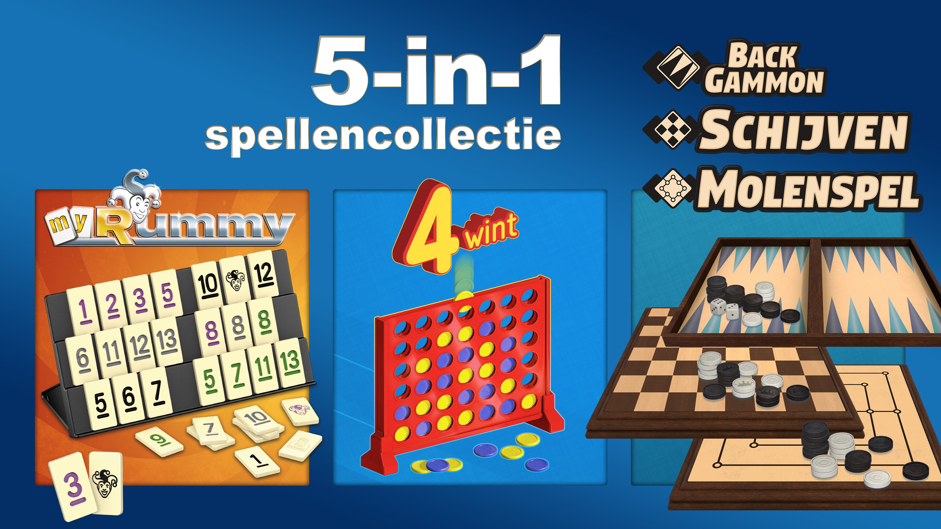 5-in-1 spellencollectie: MyRummy® + 4 wint + Backgammon + Schijven + Molenspel