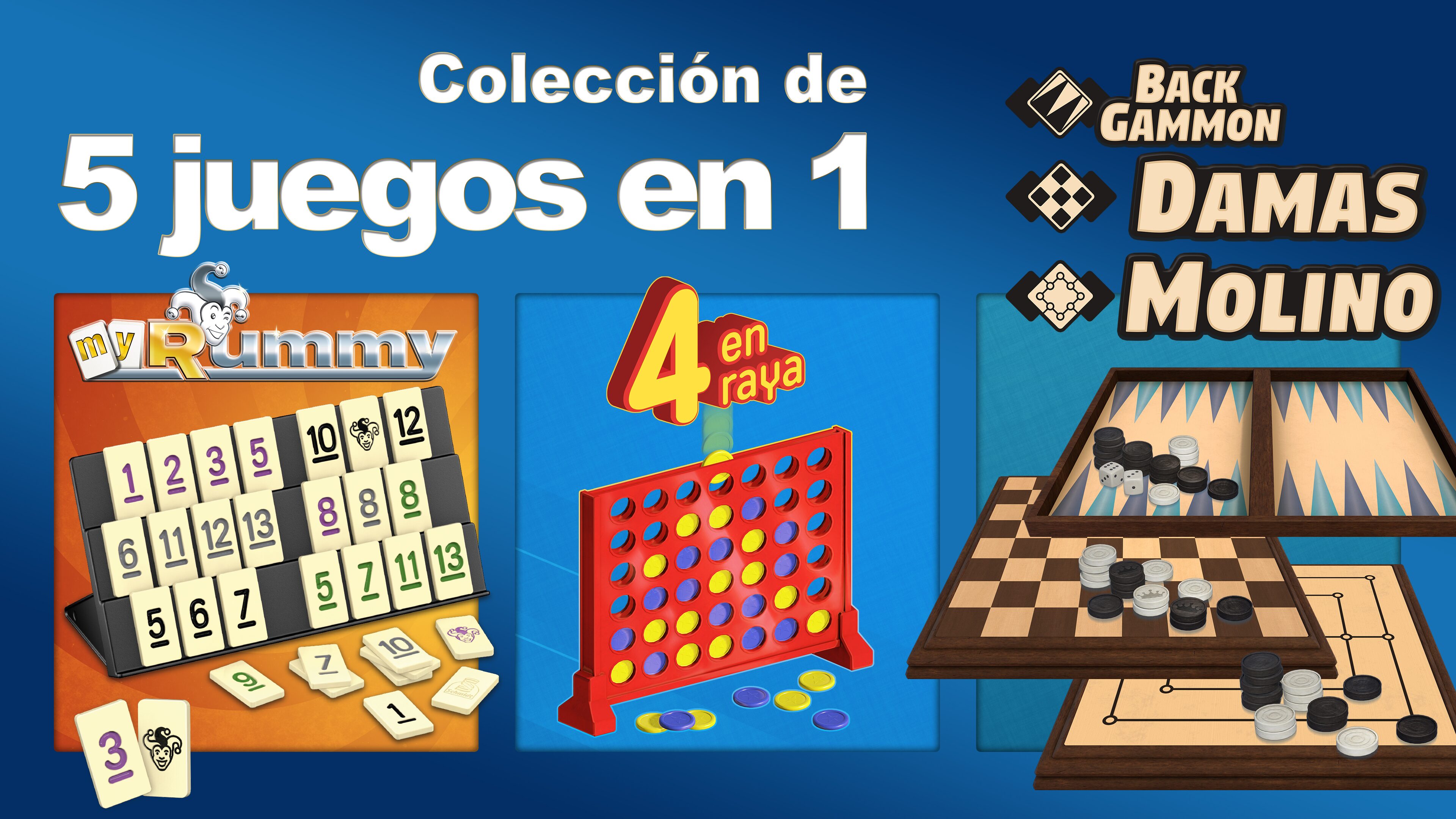 Colección de 5 juegos en 1: MyRummy® + 4 en raya + Backgammon + Damas + Molino